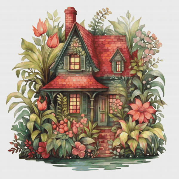 Cottage in Flowers - Cross Stitch Pattern - PDF Counted House Village - Fabulous Fantastic Magical House in Garden - 5 Sizes.png