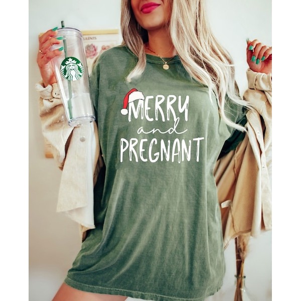 Comfort Color Merry and Pregnant Shirt, Pregnancy Announcement Shirt, Christmas Pregnant Shirt, Unisex T-Shirts