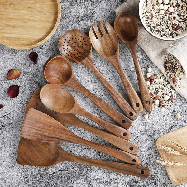 Rustic 7 Pieces Teak Wooden Utensil Set