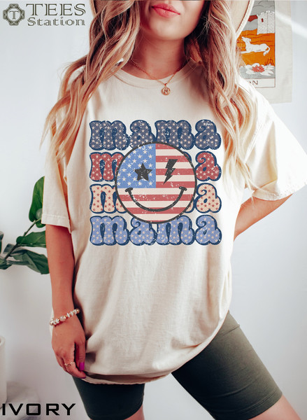 USA Smiley Flag Mama Graphic Tee, 4th of July Mama Shirt, Mom Gift, Patriotic Mom Shirt, Mama T shirt.jpg