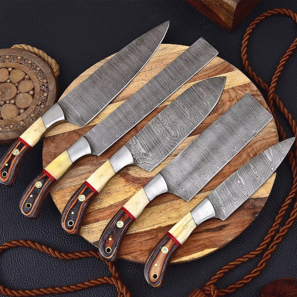 Handmade Custom Steel Kitchen Knives Set with Camel Bone - Inspire