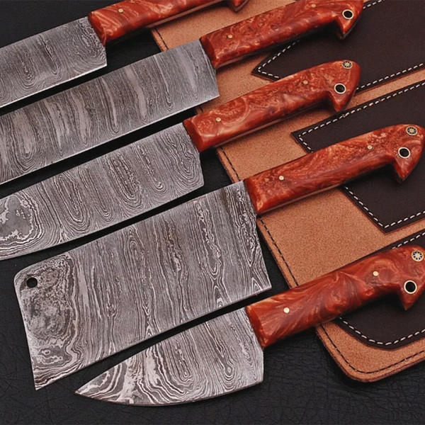 Japanese Damascus Kitchen Knife Set, Ergonomic Red Resin Wood Handle