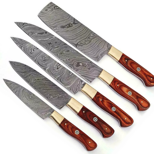 Handmade Damascus Kitchen Knife Set with wood handle and Damascus