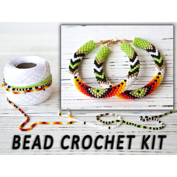 Beaded crochet kit hoop earrings, Seed bead kit earrings hoops