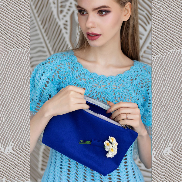 Makeup Travel Pouch with flower Blue Clutch. Makeup bag. Cos - Inspire ...
