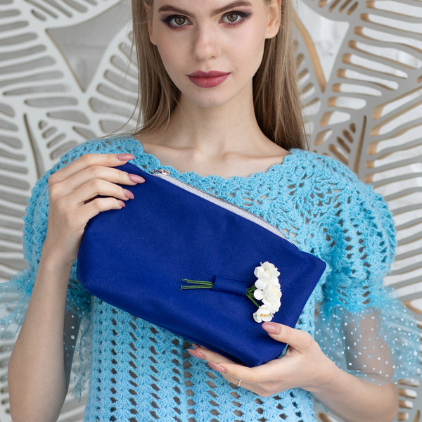 Makeup Travel Pouch with flower Blue Clutch. Makeup bag. Cos - Inspire ...