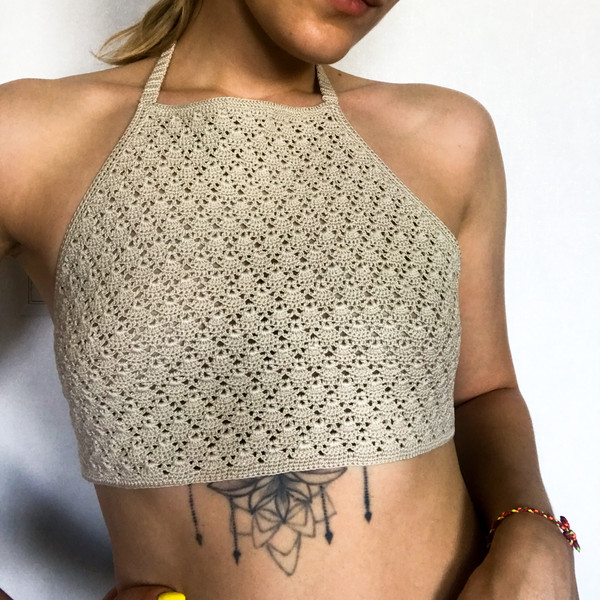 Crochet halter top for beach Beige crop top for summer Knitt - Inspire  Uplift