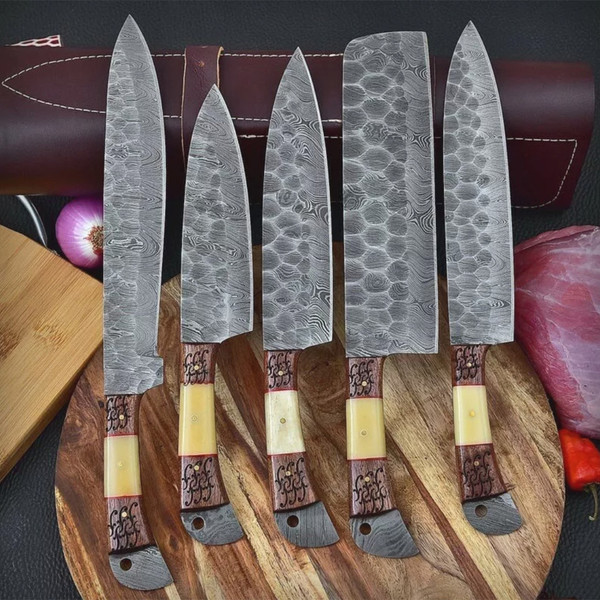 Handmade Custom Steel Kitchen Knives Set with Camel Bone - Inspire