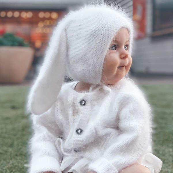 White Baby Bunny Hat with Long Ears, Angora Bonnet Newborn, Knitted Baby Hat, Baby Gift Easter, Newborn Photography Prop 36months | Melissaknit