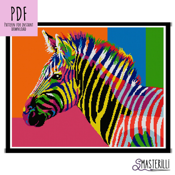 Rainbow zebra cross stitch pattern PDF, animals in pop art style.JPG