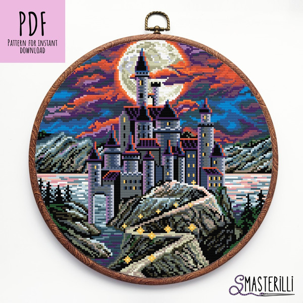 Dracula's castle cross stitch pattern. moon night landscape with vampire castle by Smasterilli.JPG