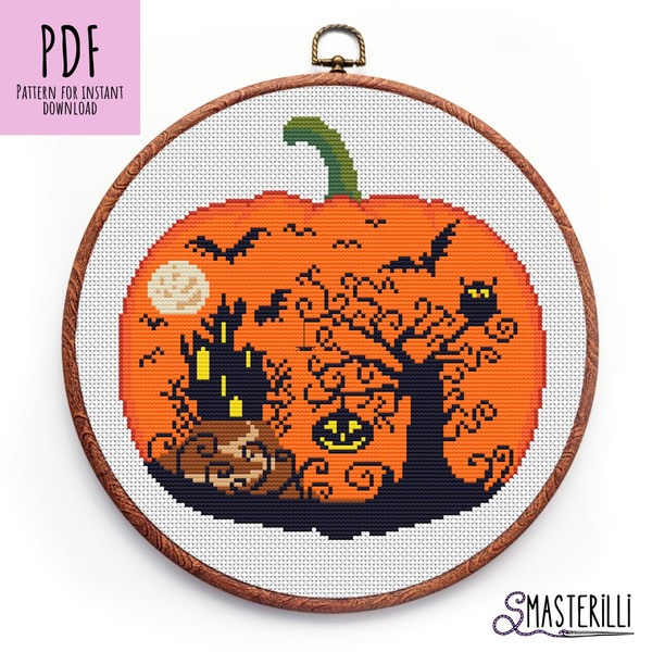 Halloween pumpkin cross stitch pattern PDF, embroidery ornament by Smasterilli.JPG