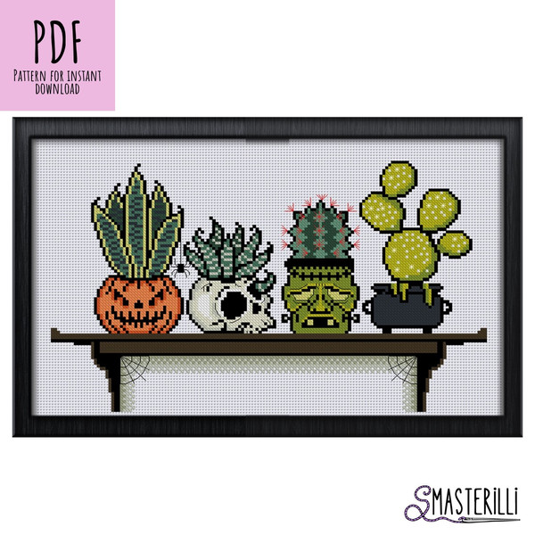 Halloween cacti on bookshelf cross stitch pattern PDF by Smasterilli.JPG