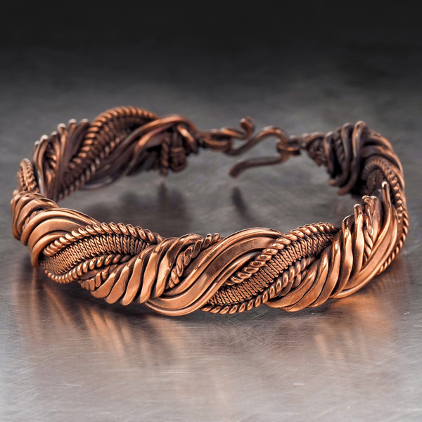 Wire Wrapped Pure Copper Bracelet Unique Stranded Wire Bangle for Him or Her 7th Anniversary Gift Artisan Woven Jewelry 18.5 cm | WireWrapArt