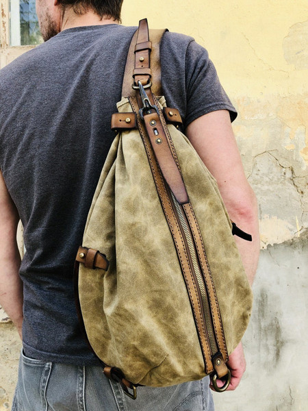 Brown Mens Sling Backpack Leather Sling Bag for Men Single 