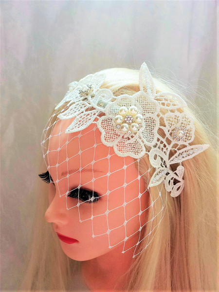 Ivory Floral Bridal Headband Veil Rhinestone Pearl Tulle Veil Fantasia  Hairband