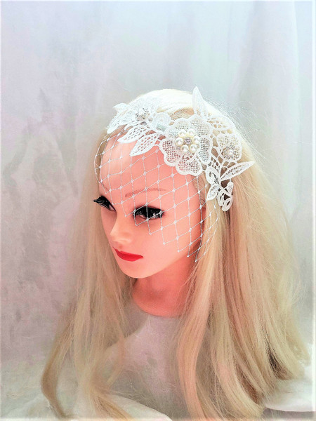 One Blushing Bride Pearl and Lace Headband Bridal Veil: Turban Headpiece White / Cathedral 108