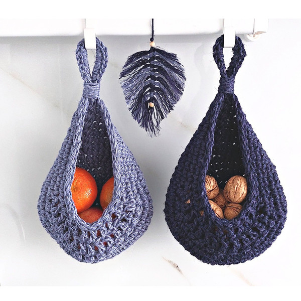 Hanging fruit vegetable storage basket set Goth jute home decor Organic garlic keeper blue bowls Cottagecore, rustic,  country chic gift.jpg