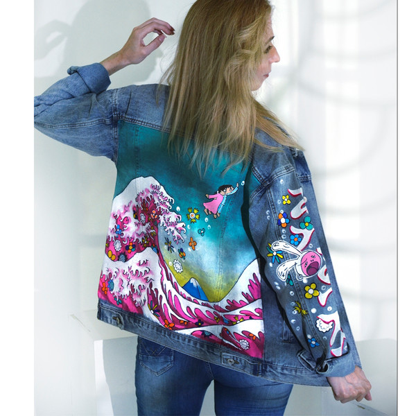 White painted denim jacket, hand painted floral jean jacket, Custom painted  summer flowers coat