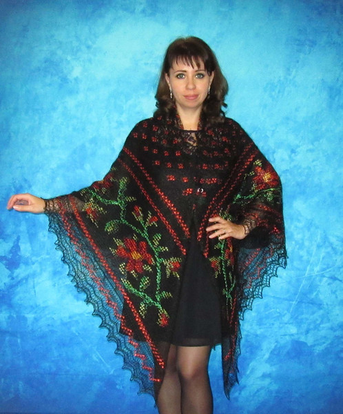 Black embroidered Orenburg Russian shawl, Hand knit cover up, Wool wrap, Lace stole, Warm bridal cape, Kerchief, Pashmina 5.JPG