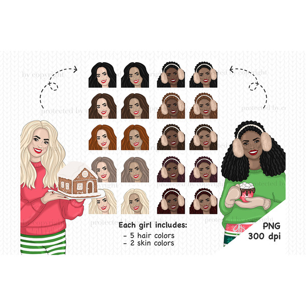 European blonde in a red sweater and striped white and green Christmas pajama pants with a gingerbread house in her hands. African American girl in a warm green