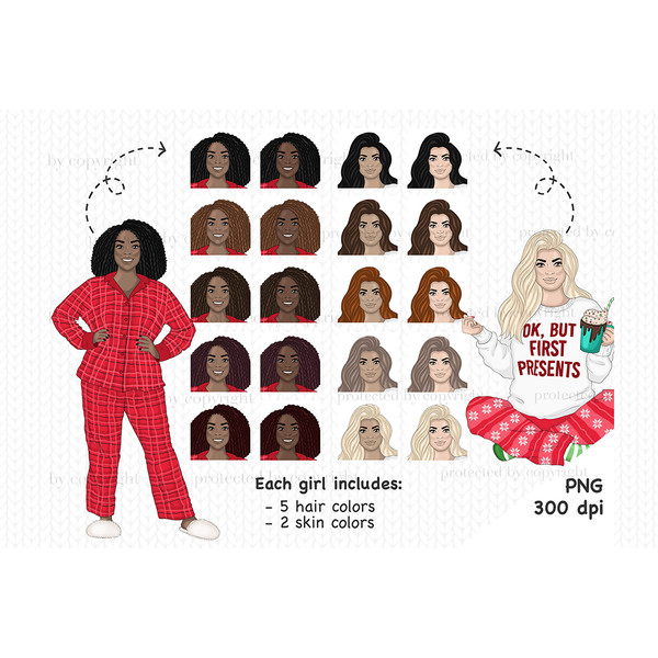 European blonde in a white sweater with a red OK First Presents text and red Christmas pajama pants and a mug of hot cocoa in her hands. African American girl i