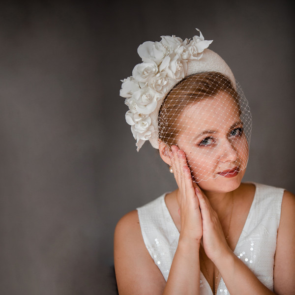 Bridal Headpiece with Birdcage Veil, Wedding Headband for Bride with Blusher Veil, Bridal Shower Veil, Flower Crown No Need | TailoredMagic