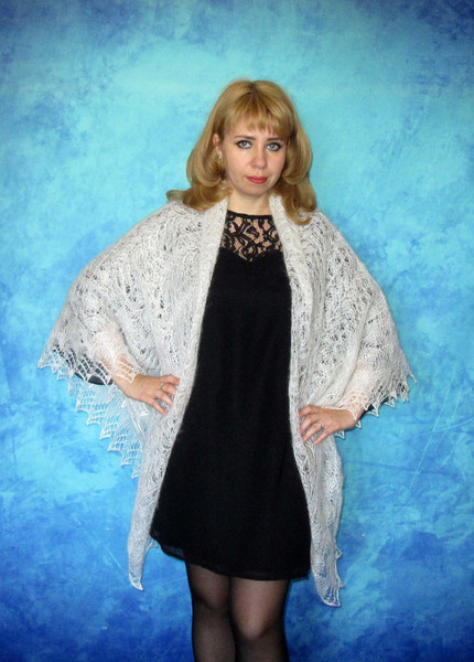 White Orenburg shawl, Hand knit Russian shawl, Lace wedding shawl, Bridal cape, Warm cover up, Wool wrap, Handmade stole, Kerchief, Big scarf 4.JPG