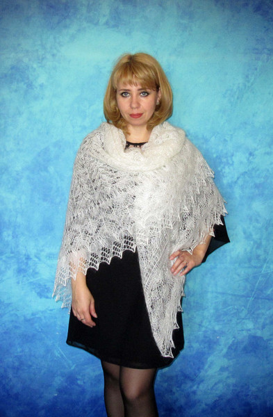 White Orenburg shawl, Hand knit Russian shawl, Lace wedding shawl, Bridal cape, Warm cover up, Wool wrap, Handmade stole, Kerchief, Big scarf 5.JPG