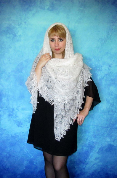 White Orenburg shawl, Hand knit Russian shawl, Lace wedding shawl, Bridal cape, Warm cover up, Wool wrap, Handmade stole, Kerchief, Big scarf 6.JPG