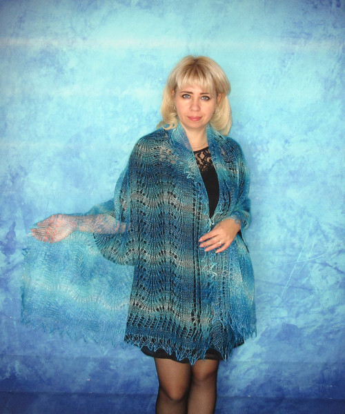 Hand knit blue-turquoise scarf, Handmade Russian Orenburg shawl, Goat wool shoulder wrap, Warm cover up, Lace pashmina, Kerchief, Stole, Cape, Gift for a woman