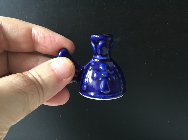 Ceramic candle holder - bottle blue with a handle