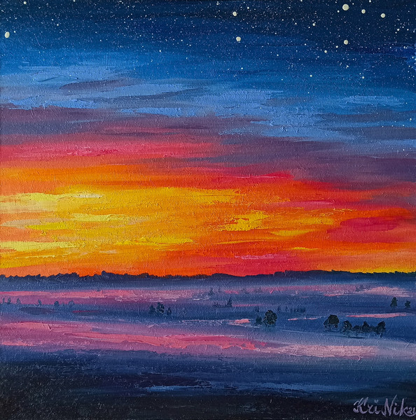 Original Acrylic Painting Sunset Landscape Blue Night Sky Light Art 6x6