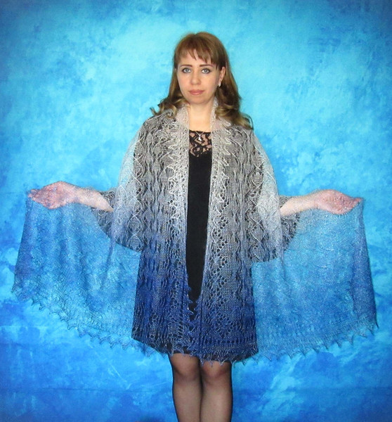 Blue hand knit scarf, Warm Russian Orenburg shawl, Wool wrap, Goat down stole, Bridal cover up, Kerchief, Pashmina, Cape.JPG