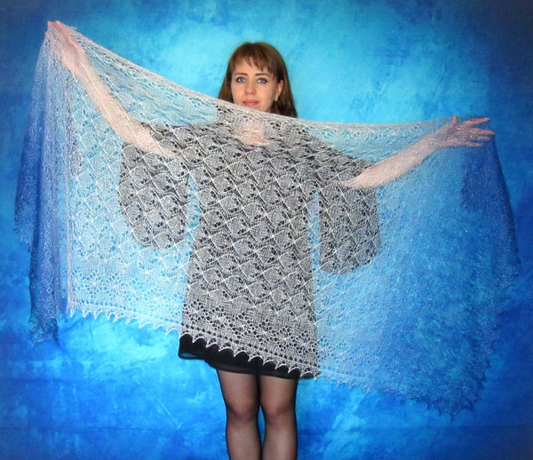 Blue hand knit scarf, Warm Russian Orenburg shawl, Wool wrap, Goat down stole, Bridal cover up, Kerchief, Pashmina, Cape 3.JPG