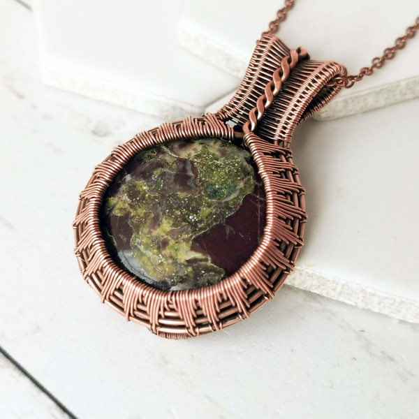 Wire wrapped copper necklace with Dragons Blood Jasper. Dragons blood jasper pendant. Unusual handcrafted gift.10.jpg