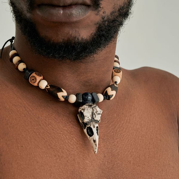African skull men's pendant necklace. Wooden bead necklace f - Inspire ...