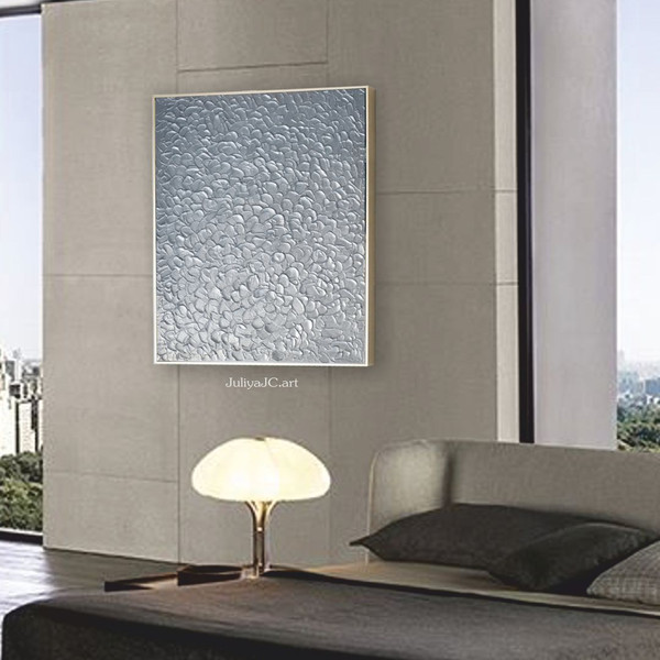 gray-bedroom-decor-silver-shiny-textured-wall-art-abstract-painting