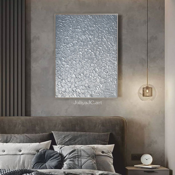 Silver-shiny-textured-painting-abstract-wall-art-bedroom-wall-decor