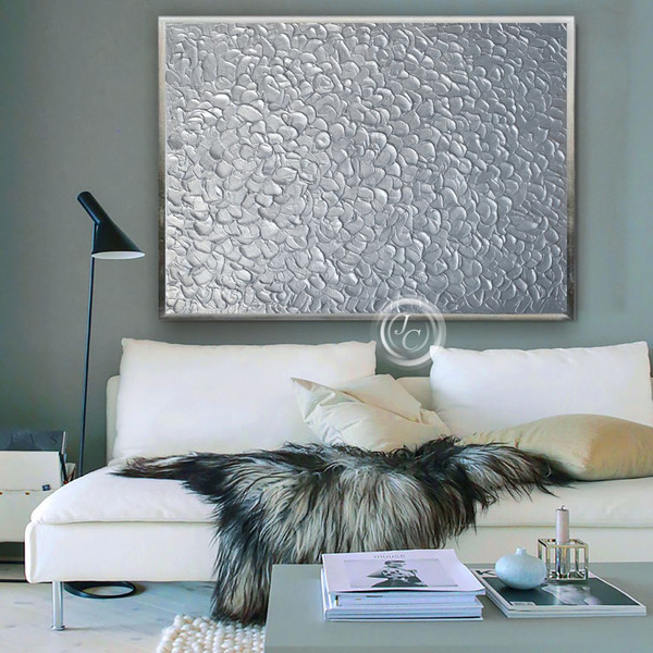 silver-wall-art-living-room-decor-sparkly-silver-textured-painting-original-art