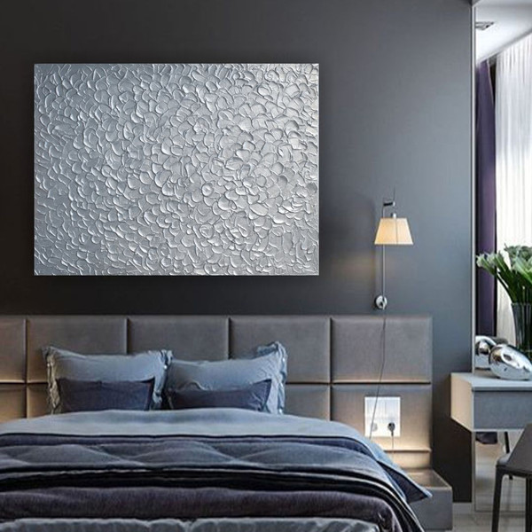 bedroom-wall-art-gray-home-decor-above-bed-decor-silver-textured-painting-abstract-artwork