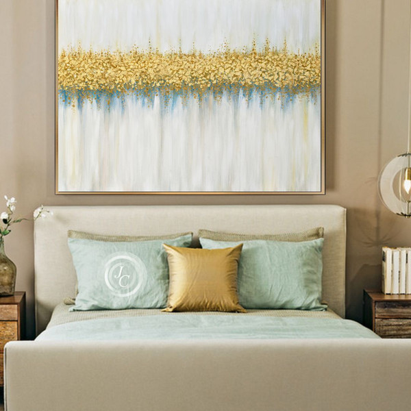 Gold-and-white-abstract-painting-above-bed-decor-gold-leaf-wall-art