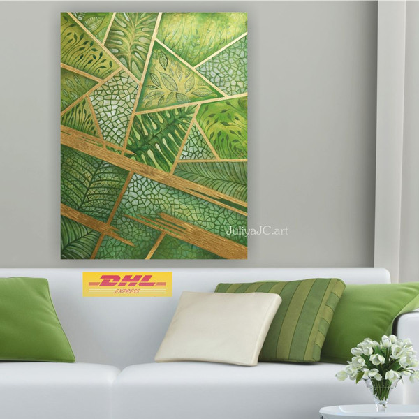 green-leaves-painting-abstract-painting-green-home-decor-modern-wall-art