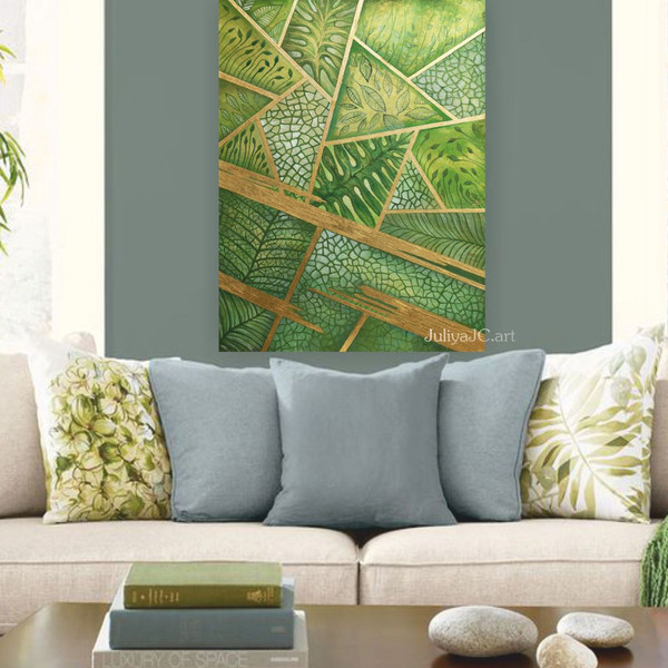 abstract-original-art-leaves-painting-green-with-gold-artwork