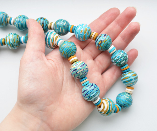 2 blue green gold white striped beaded necklace 4.jpg
