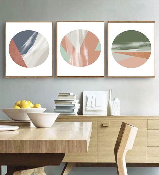 Three abstract posters in green and pink tones