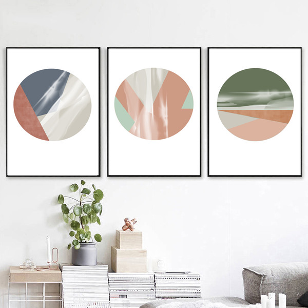 Three abstract posters in green and pink tones