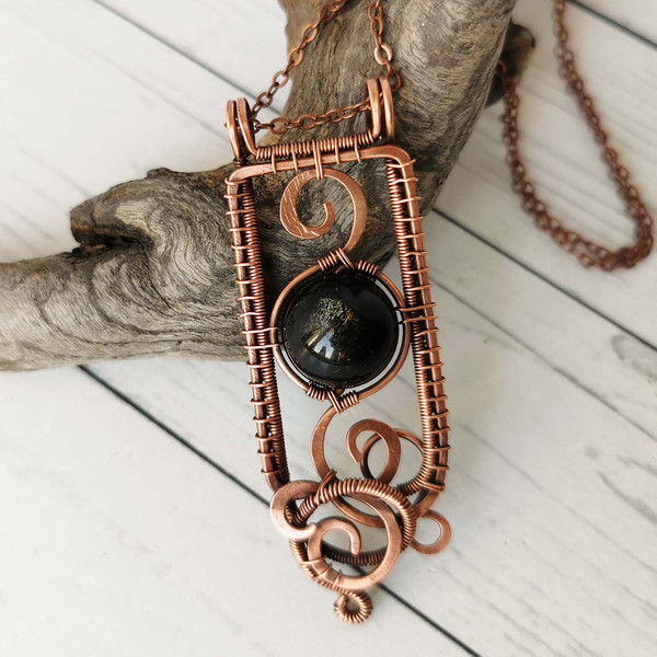 Obsidian Necklace. Wire Wrapped Copper Pendant with Gold Sheen Obsidian Bead. | DmitriyBrovkoJewelry
