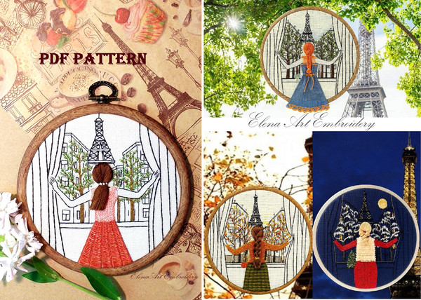 Contemporary 3D Embroidery Hoop Art for Beginner. PDF Pattern. Paris Wall Art. Stitch Guide Needlepoint. Beginners Embroidery Tutorial. Embroidered hair. Eiffel