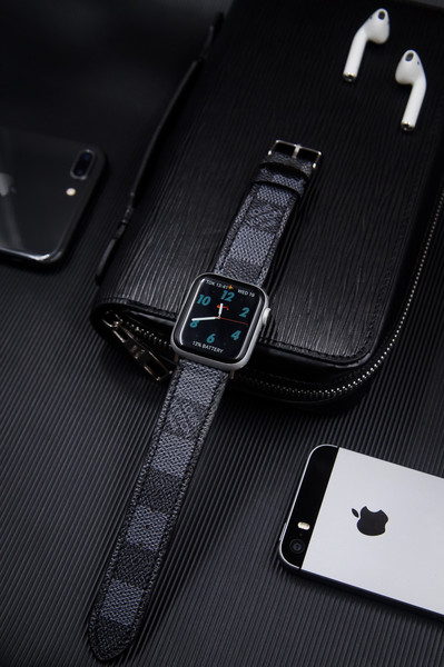 Custom Made Luxury Black M.C.M Leather Apple Watch Band for Apple Watch Series 8 7 6 SE 5 4 3 2 1 Apple Watch Ultra 44mm Black | CeliniDesign